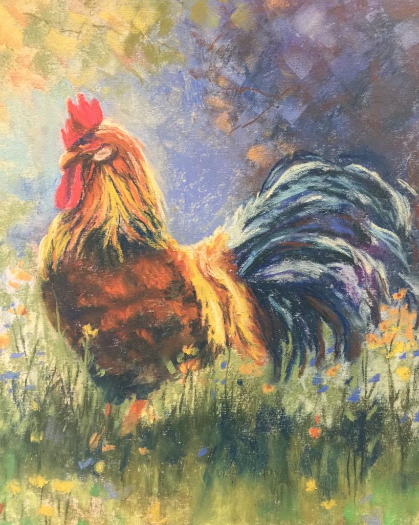 Pastel painting of a whimsical rooster More details.